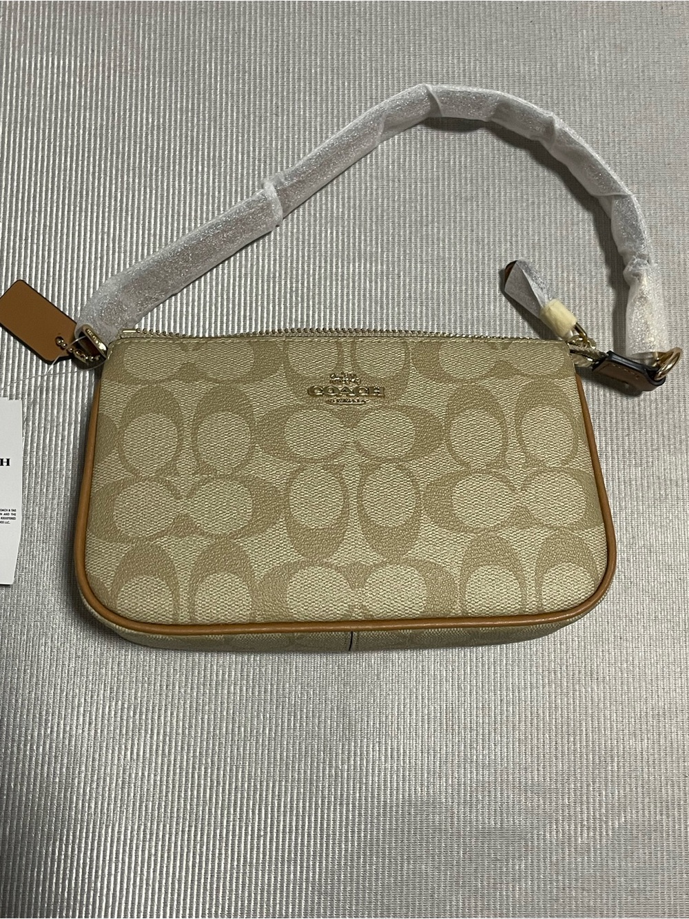 Coach Beige Signature Canvas Shoulder Bag with Tan Trim